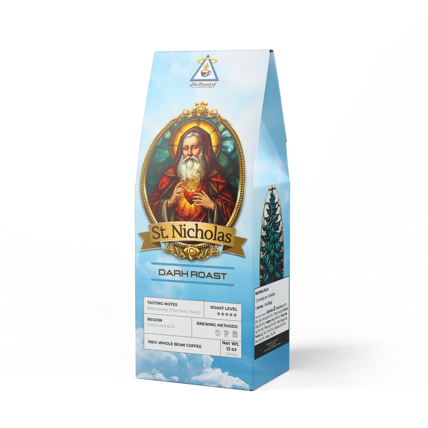St. Nicholas Dark Roast whole bean coffee bag on a white background
