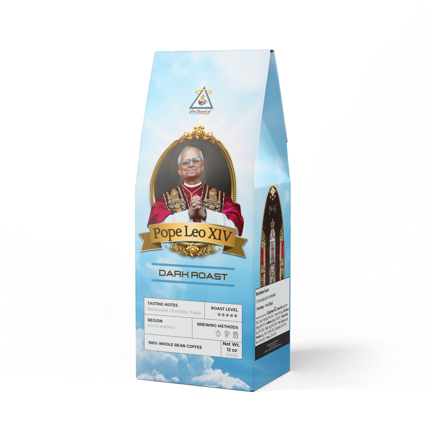 Whole Bean Coffee packaging with Pope Leo XIV portrait and roast details
