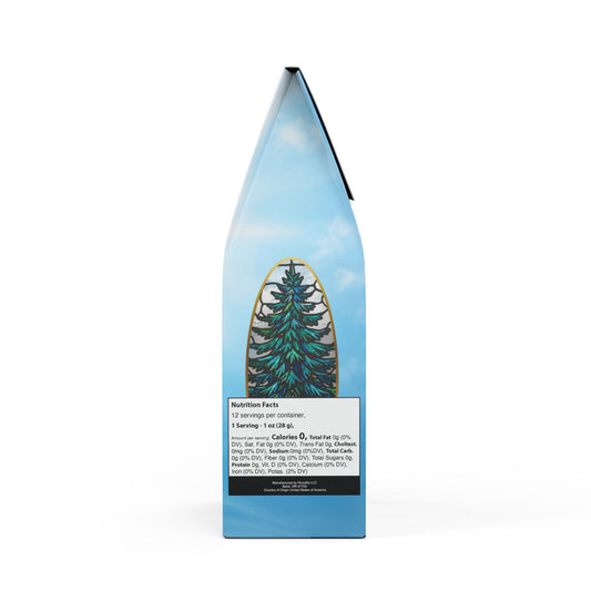 Decorative box with a festive pine tree design on a blue sky background and nutrition facts