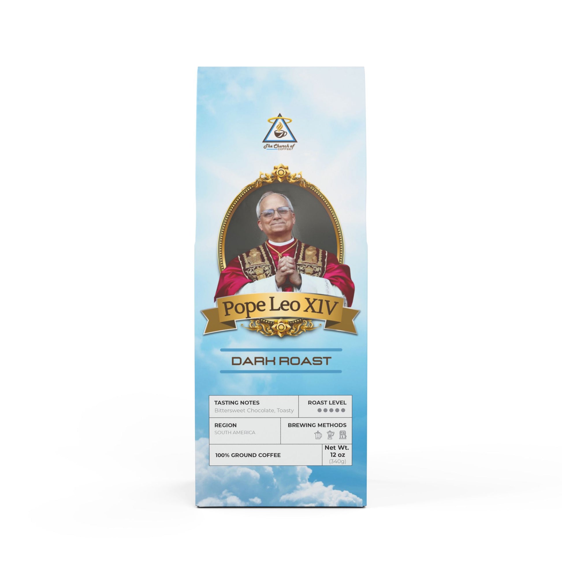 A package of Pope Leo XIV Dark Roast coffee featuring an image of his holiness and product details on a sky blue backdrop