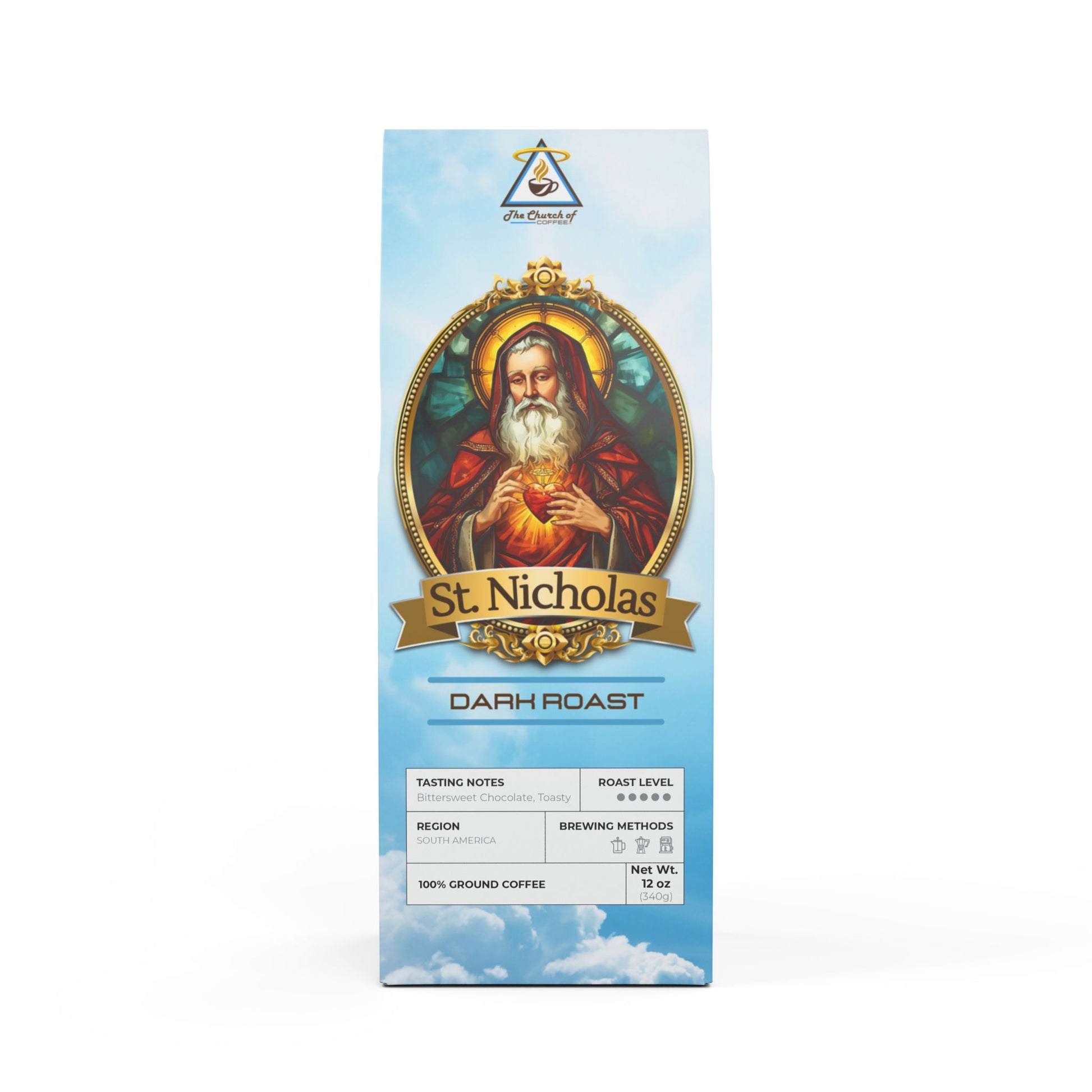 St. Nicholas ground coffee package with a stained glass graphic on a blue sky backdrop
