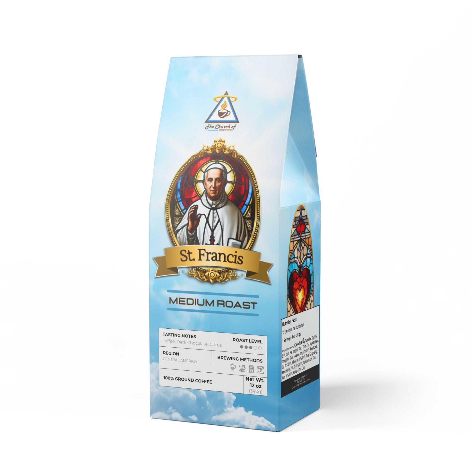 A bag of medium roast ground coffee featuring an image of St. Francis and product details